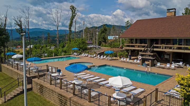 Wide view of Chalet Village pools